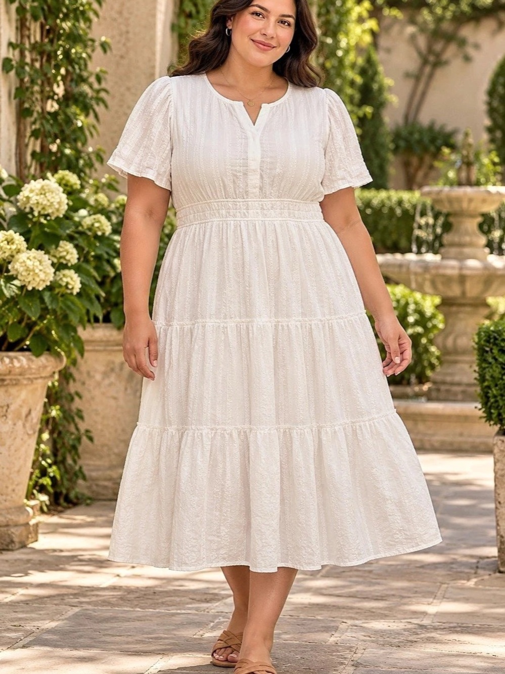 BTFBM White Textured Cotton Tiered Dress XXL Short Sleeve Boho